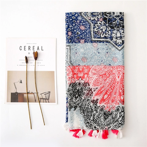 Bohemian Floral Print Scarf Women Long Sun Protection Beach Shawl With Tassels Polyester Voile Lightweight Wrap