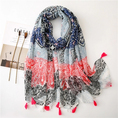 Bohemian Floral Print Scarf Women Long Sun Protection Beach Shawl With Tassels Polyester Voile Lightweight Wrap