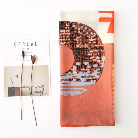 Long Scarf Shawl Abstract Geometric Print Lightweight Polyester Cotton Linen Feel Fringed Edge Artistic Wrap Women
