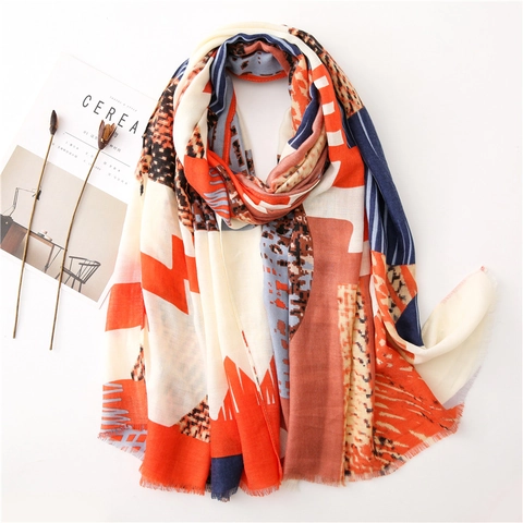 Long Scarf Shawl Abstract Geometric Print Lightweight Polyester Cotton Linen Feel Fringed Edge Artistic Wrap Women
