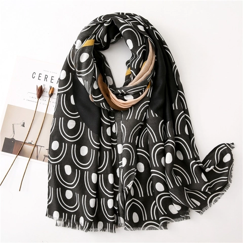 Geometric Print Scarf Women Abstract Pattern Polyester Shawl Cotton Linen Feel Fashion Wrap Fringe Edge Accessory