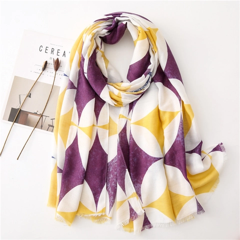 Geometric Patchwork Scarf Women Long Shawl Fringe Elegant Modern Breathable Polyester Cotton Feel Wrap Soft Lightweight