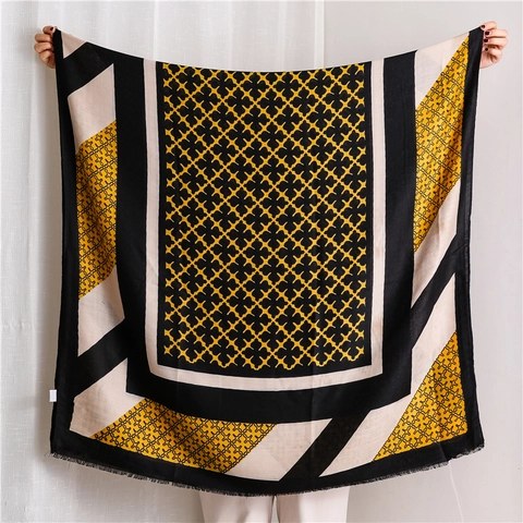 Women Scarf Shawl Satin Cotton Polyester Geometric Pattern Color Block Retro Large Tassels Versatile Wrap
