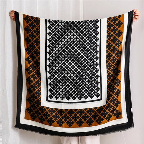 Women Scarf Shawl Satin Cotton Polyester Geometric Pattern Color Block Retro Large Tassels Versatile Wrap