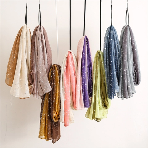 Women Warm Winter Scarf Polyester Cotton Linen Feel Silver Foil Print Gradient Sparkling Shawl Wrap Fashion Neckerchief