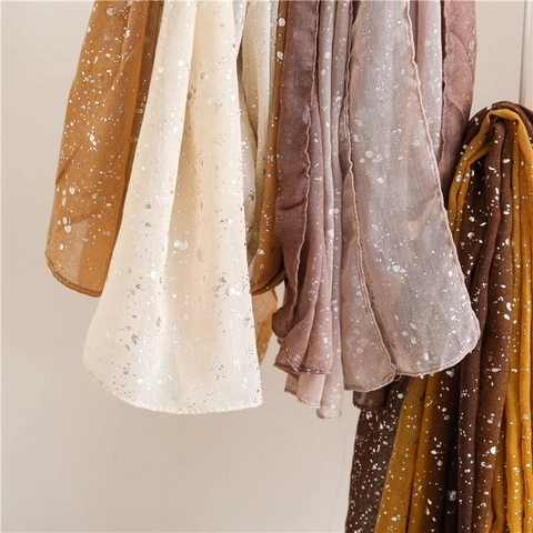 Women Warm Winter Scarf Polyester Cotton Linen Feel Silver Foil Print Gradient Sparkling Shawl Wrap Fashion Neckerchief