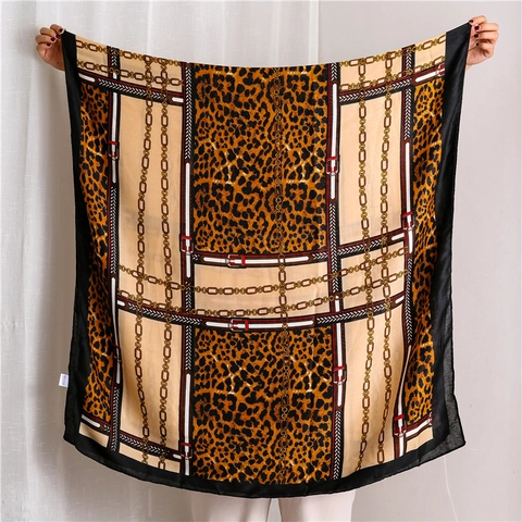 Leopard Print Chain Pattern Scarf Satin Polyester Elegant Lightweight Retro Shawl For Women Autumn Winter