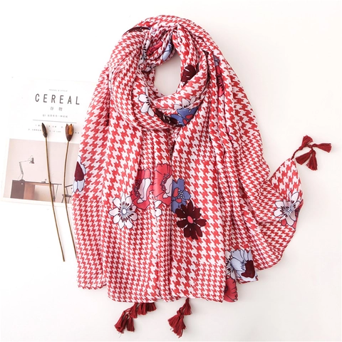 Houndstooth Floral Print Scarf Shawl Women Cotton Polyester Blend Ethnic Vintage Tassel Long Wrap Decorative