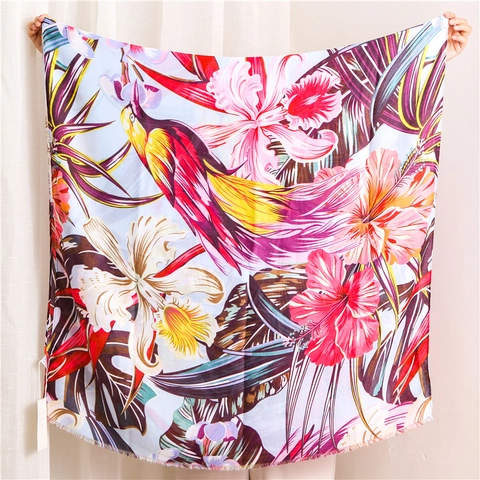 Lange Damessjaal Tropische Bloemen Papegaai Print Katoen Linnen Polyester Sjaal Etnische Zonbescherming Stranddoek