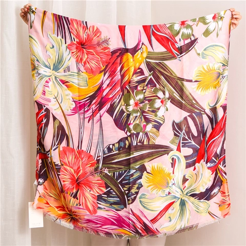 Lange Damessjaal Tropische Bloemen Papegaai Print Katoen Linnen Polyester Sjaal Etnische Zonbescherming Stranddoek