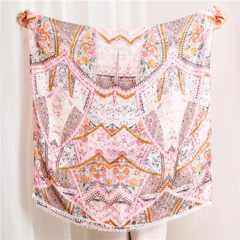 Bohemian Print Voile Scarf Shawl With Pom Pom Trim Lace Ball Sunscreen Oversized Beach Wrap For Women Vacation