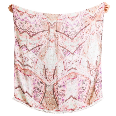 Bohemian Print Voile Scarf Shawl With Pom Pom Trim Lace Ball Sunscreen Oversized Beach Wrap For Women Vacation