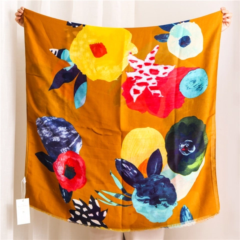 Bloemenprint Sjaal Polyester Satijn Stof Etnische Inktstijl Lichtgewicht Omslagdoek Franje Dames