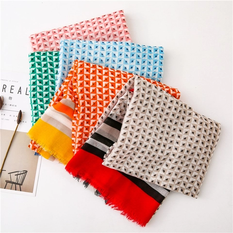 Geometric Pattern Scarf Shawl Cotton Polyester Lightweight Sun Protection Beach Wrap Tassel Fringe Contrast Color Women