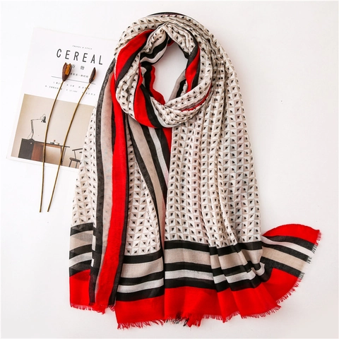 Geometric Pattern Scarf Shawl Cotton Polyester Lightweight Sun Protection Beach Wrap Tassel Fringe Contrast Color Women