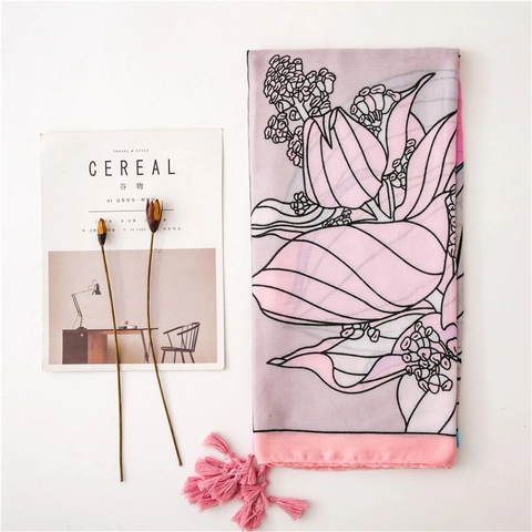 Floral Print Long Scarf Women Cotton Polyester Shawl With Tassel Lightweight Beach Sun Protection Travel Accessory