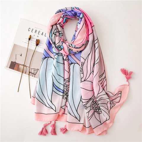 Floral Print Long Scarf Women Cotton Polyester Shawl With Tassel Lightweight Beach Sun Protection Travel Accessory