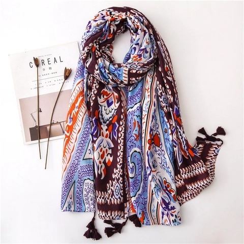 Women Bohemian Paisley Floral Print Large Scarf Shawl Tassel Fringe Cotton Polyester Blend Vintage Ethnic Sun Protection