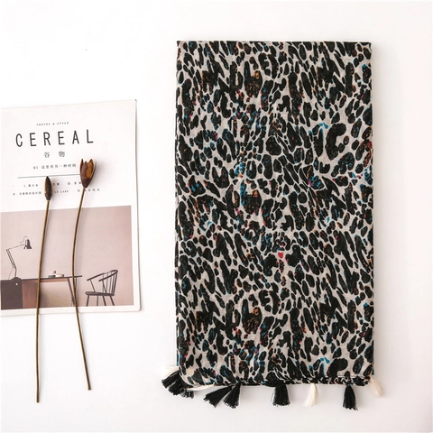Luipaardprint Sjaal Omslagdoek Polyester Bali Garen Franjes Kwastjes Zonbescherming Zacht Dun Voor Dames