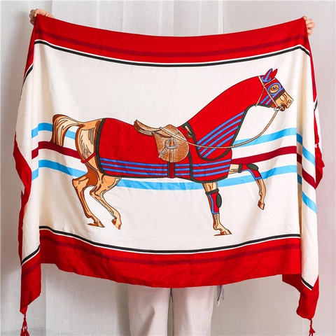 Großer Schal Schultertuch Polyester Satinntextur Pferdedruck Mit Quasten Strand Sonnenschutz Wrap Für Damen Retro Kunststil