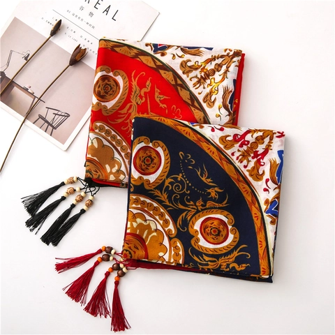 Vintage Baroque Peony Print Scarf For Women With Tassels And Wooden Beads Large Sun Protection Beach Shawl Satin Look