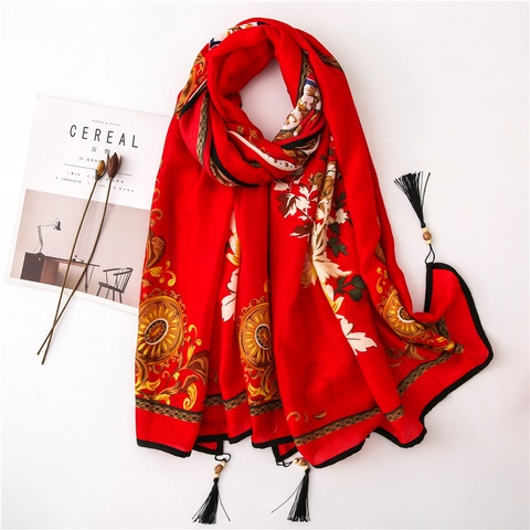 Vintage Baroque Peony Print Scarf For Women With Tassels And Wooden Beads Large Sun Protection Beach Shawl Satin Look