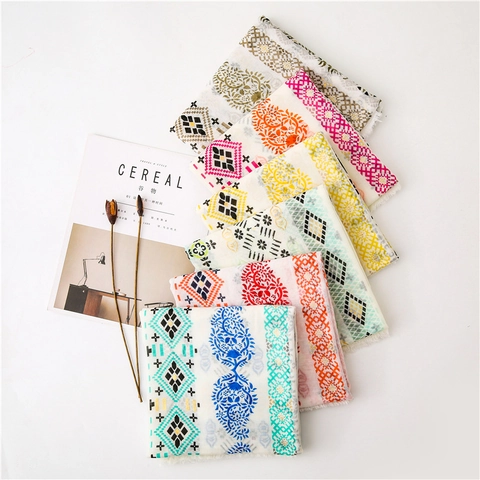 Bohemian Ethnic Print Shawl Scarf Cotton Linen Polyester Blend Bronzing Detail Tassels For Sun Protection Beach Travel