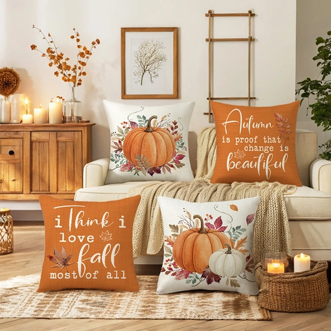 Herbst Ernte Thanksgiving Kürbis Ahornblatt Dekorativer Kissenbezug Polyester Sofakissen Bezug Für Wohnzimmer Bauernhaus Dekor