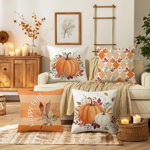 Cosecha de Otoño Día de Acción de Gracias Calabaza Hoja de Membrillo Funda de Cojín Estampada Poliéster Cuadrada Decorativa para Sala de Estar Sofá Hogar