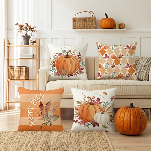 Cosecha de Otoño Día de Acción de Gracias Calabaza Hoja de Membrillo Funda de Cojín Estampada Poliéster Cuadrada Decorativa para Sala de Estar Sofá Hogar