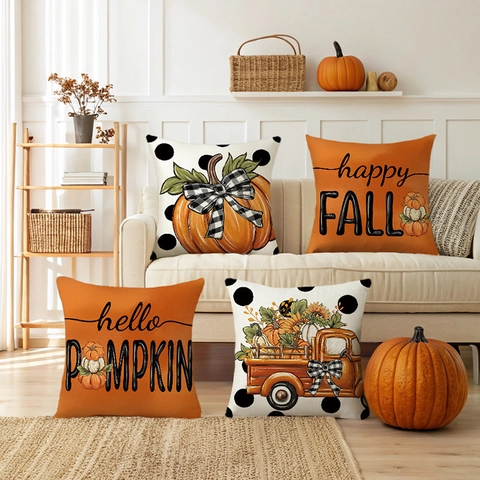 Federa per Cuscino Quadrata Decorativa con Stampa di Lettere e Zucche di Halloween Raccolto Autunnale Ringraziamento Effetto Lino Poliestere per Divano