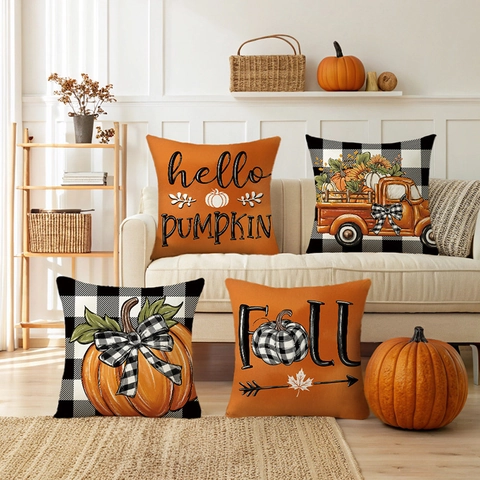 Taie d'Oreiller Décorative Citrouille d'Automne Halloween Polyester Carreau Buffalo Housse de Coussin Camion Décor de Fête