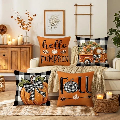 Taie d'Oreiller Décorative Citrouille d'Automne Halloween Polyester Carreau Buffalo Housse de Coussin Camion Décor de Fête