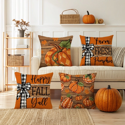 Autumn Harvest Pumpkin Throw Pillow Covers Farmhouse Decorative Polyester Linen Look Cushion Case For Thanksgiving Sofa Decor