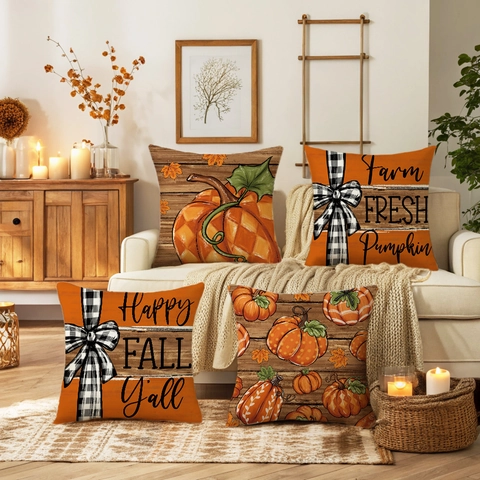 Autumn Harvest Pumpkin Throw Pillow Covers Farmhouse Decorative Polyester Linen Look Cushion Case For Thanksgiving Sofa Decor