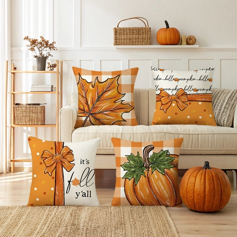 Fundas Cojín Halloween Otoño Hoja Arce Calabaza Estampado Decorativa Lino Sofá Funda Almohada Para Decoración Acción Gracias