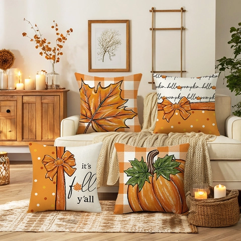 Fundas Cojín Halloween Otoño Hoja Arce Calabaza Estampado Decorativa Lino Sofá Funda Almohada Para Decoración Acción Gracias