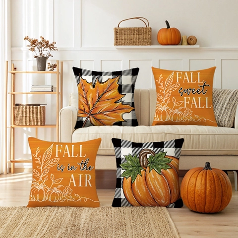 Federa Autunnale Con Zucca E Foglia Di Acero Buffalo Plaid Poliestere Copricuscino Decorativo Per Giorno Del Ringraziamento Soggiorno Divano Casa