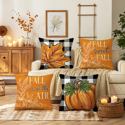 Federa Autunnale Con Zucca E Foglia Di Acero Buffalo Plaid Poliestere Copricuscino Decorativo Per Giorno Del Ringraziamento Soggiorno Divano Casa
