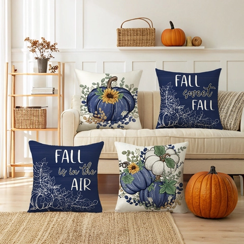 Autumn Harvest Thanksgiving Pumpkin Sunflower Decorative Pillowcase Navy Blue White Polyester Sofa Cushion Cover Home Decor
