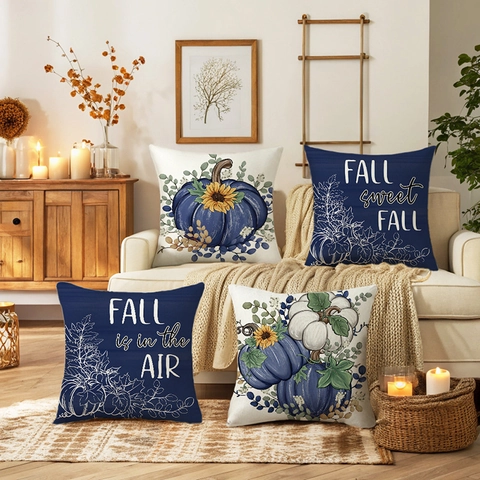 Autumn Harvest Thanksgiving Pumpkin Sunflower Decorative Pillowcase Navy Blue White Polyester Sofa Cushion Cover Home Decor