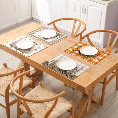 Autumn Harvest Thanksgiving Placemats Cotton Linen Waterproof Heat Resistant Pumpkin Plaid Table Decor for Kitchen Dining