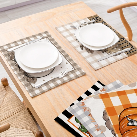 Autumn Harvest Thanksgiving Placemats Cotton Linen Waterproof Heat Resistant Pumpkin Plaid Table Decor for Kitchen Dining