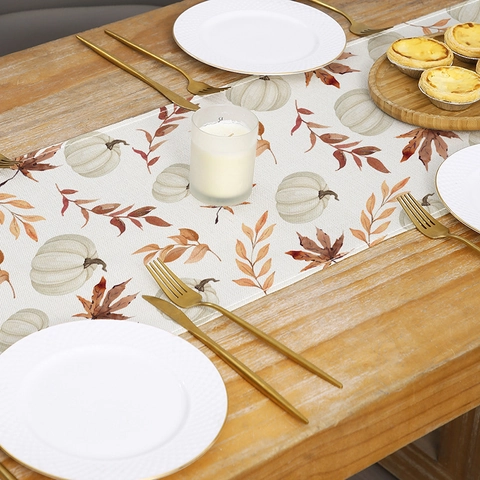 Chemin de Table Citrouille Récolte d'Automne Polyester Aspect Lin pour Action de Grâces Cuisine Salle à Manger Décor