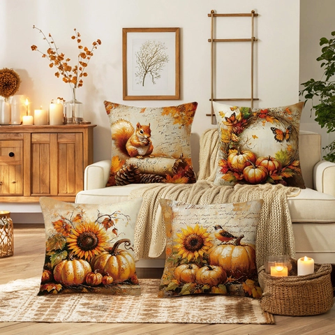 Autumn Harvest Pumpkin Squirrel Print Pillowcase Vintage Artistic Sunflower Cushion Cover Thanksgiving Home Decor Pillow Case