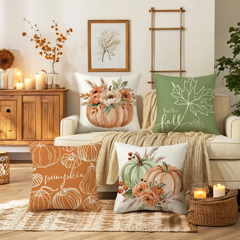 Funda De Almohada Cosecha De Otoño Estampado Calabaza Hoja De Arce Textura Lino Poliéster Decoración Sofá Acción De Gracias