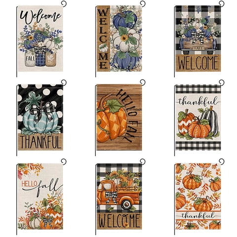 Fall Garden Flag Double Sided Polyester Burlap Decor Thanksgiving Pumpkin Welcome Sunflower Plaid Truck Outdoor Banner