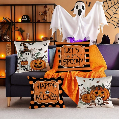 Halloween Kussenhoes Polyester Linnen Look Pompoen Geest Vleermuis Decoratieve Kussensloop Home Sofa Party Decor Vierkant