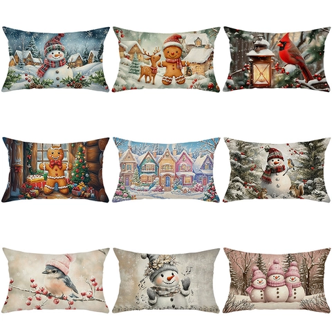 Christmas Pillowcase Polyester Cushion Cover For Living Room Sofa Snowman Reindeer Printed Rectangular Lumbar Pillow Case Home Decor