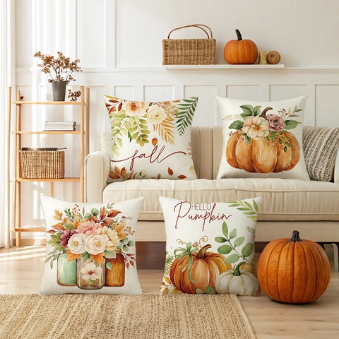 Autumn Pumpkin Flower Lettering Print Square Pillowcase Linen-Look Polyester Decorative Cushion Cover For Sofa Living Room Home Thanksgiving Halloween Decor
